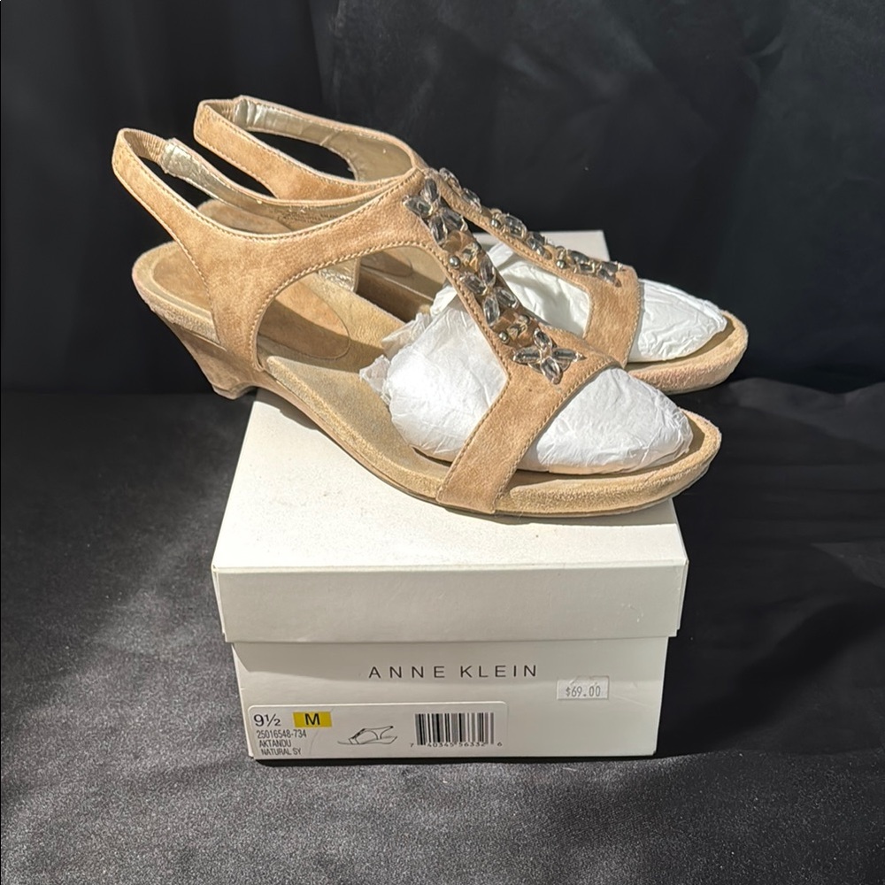 Anne Klein Brown Wedge Embellished Slingback Sandals